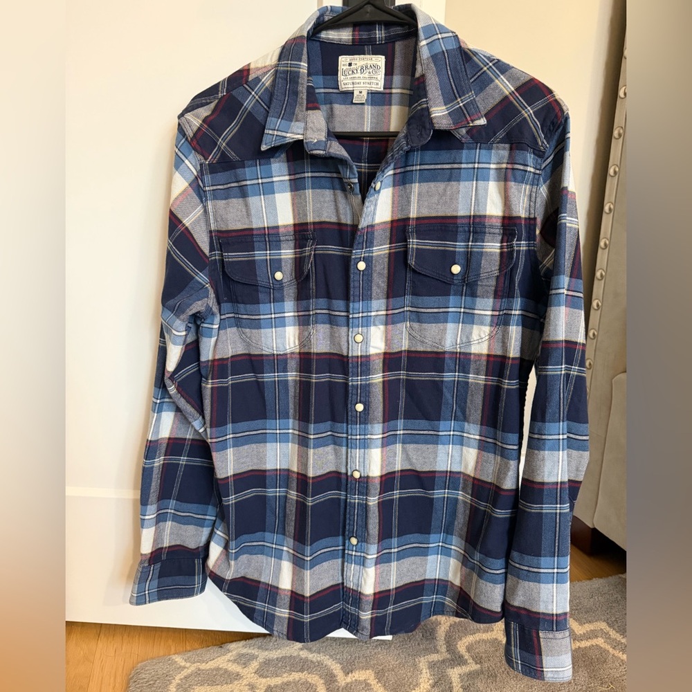 Lucky Brand "Saturday Stretch" Western Flannel in a Navy/Slate Blue plaid - M